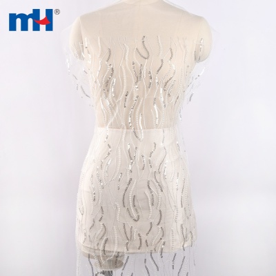 White Embroidered Sequins Tulle Fabric